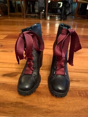 SCHUTZ Black Lace-Up Combat Boots with Burgundy Ribbon Laces